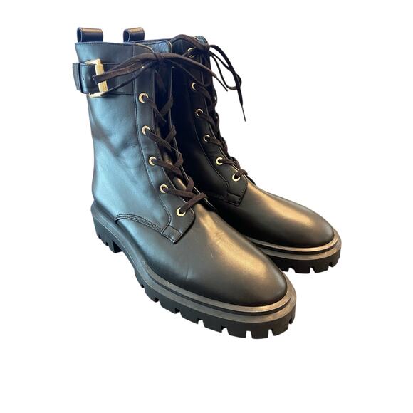 Stuart Weitzman Ultra Lug Sole Buckle Combat Boots Lace Up Leather Black Size 10 - Picture 3 of 9